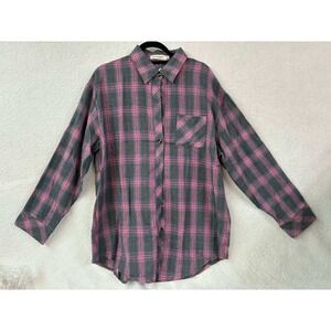 Size XL Lovesoft Womens Plaid Button Down Shirt Pink Grey Long Sleeve Flannel
